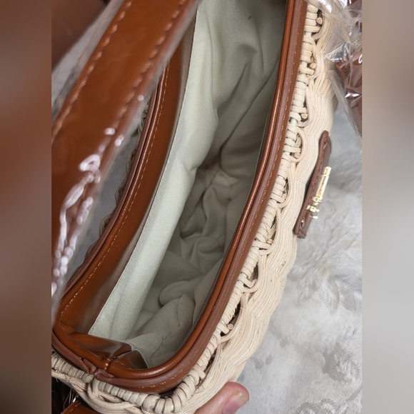 LOULU Woven Rattan Crescent Shoulder Bag NWT Boho Straw Purse Brown Trim - Picture 7 of 7